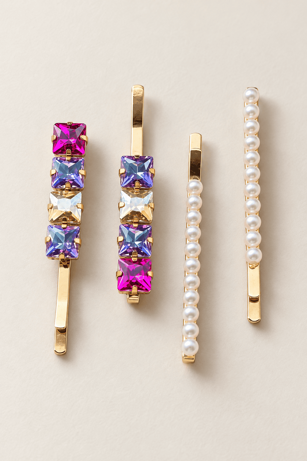 Gold-tone hair clips with square-cut pink, rainbow and champagne crystals alongside white pearl hair clips