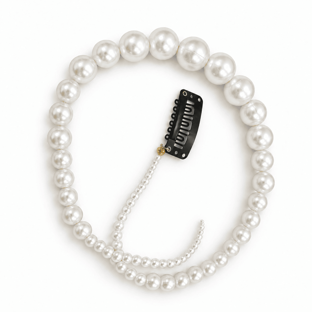 White pearl spiral hair bun accessory with flexible wire and a black snap-style clip on a white background