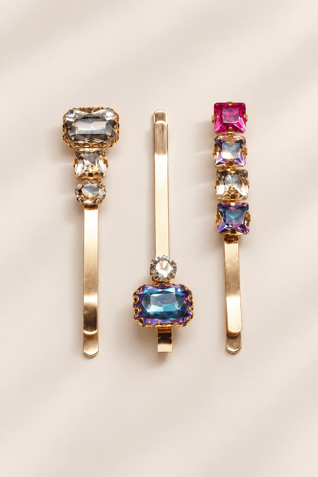 Set of three gold-tone crystal hairpins styled together miulticolour