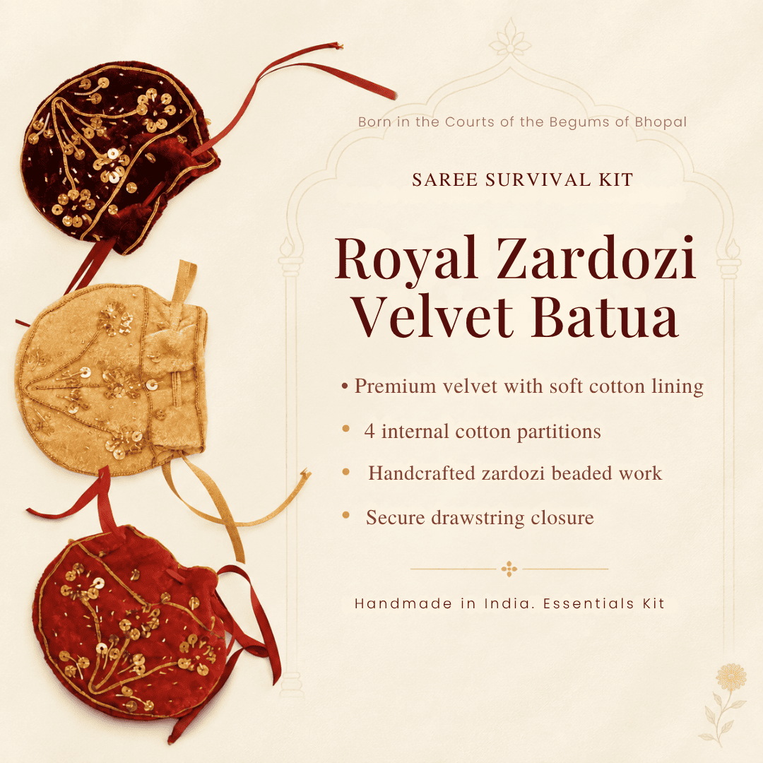 Red, maroon and beige handcrafted zardozi velvet batua showing premium velvet, cotton lining and four partitions
