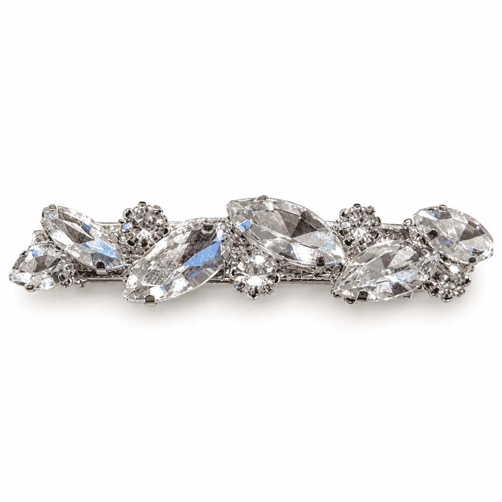 Silver-tone statement hair barrette featuring clear marquise-cut crystals and round rhinestone accents.