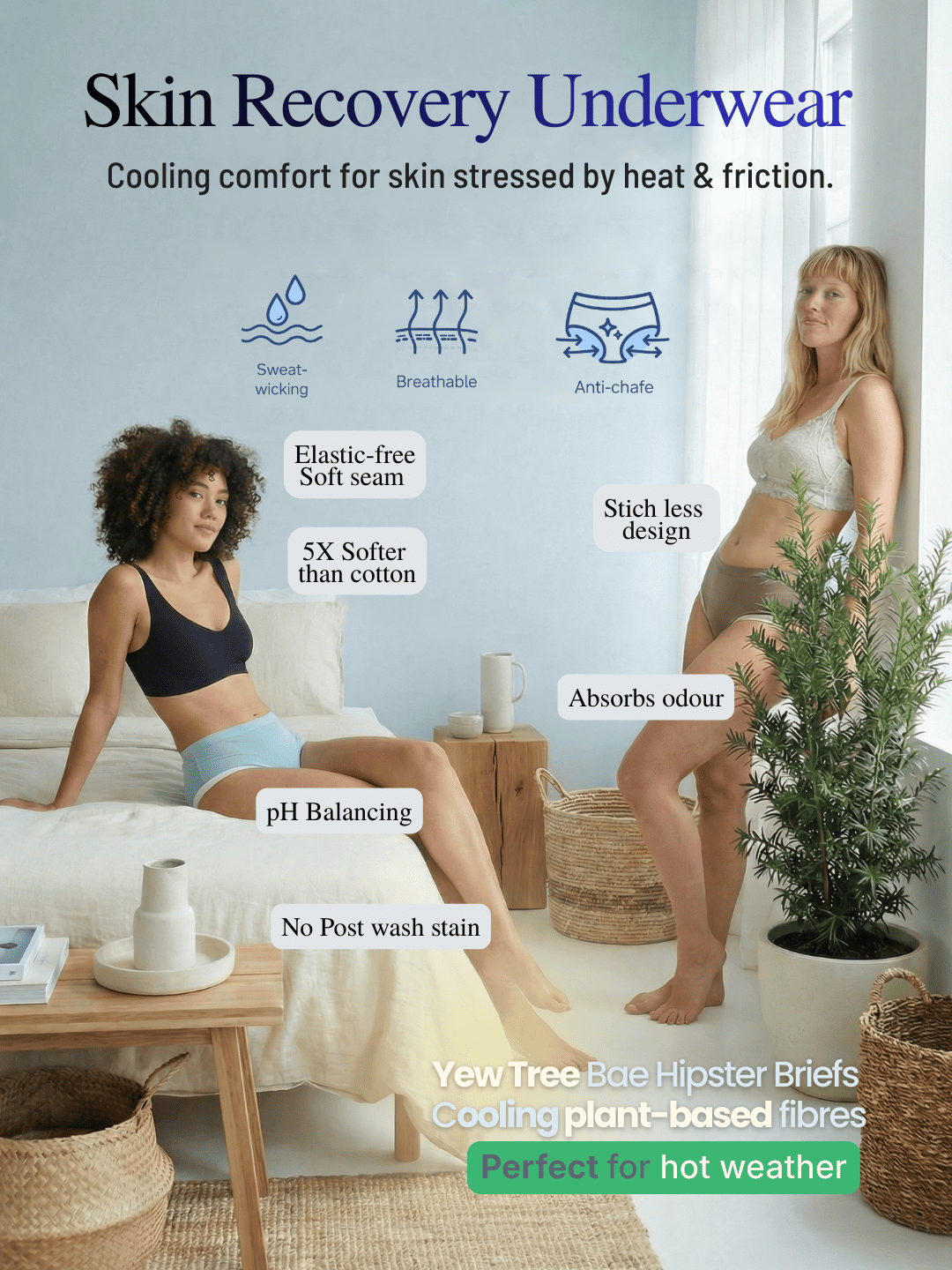 inclusive models wearing the product in a home relaxed setting 