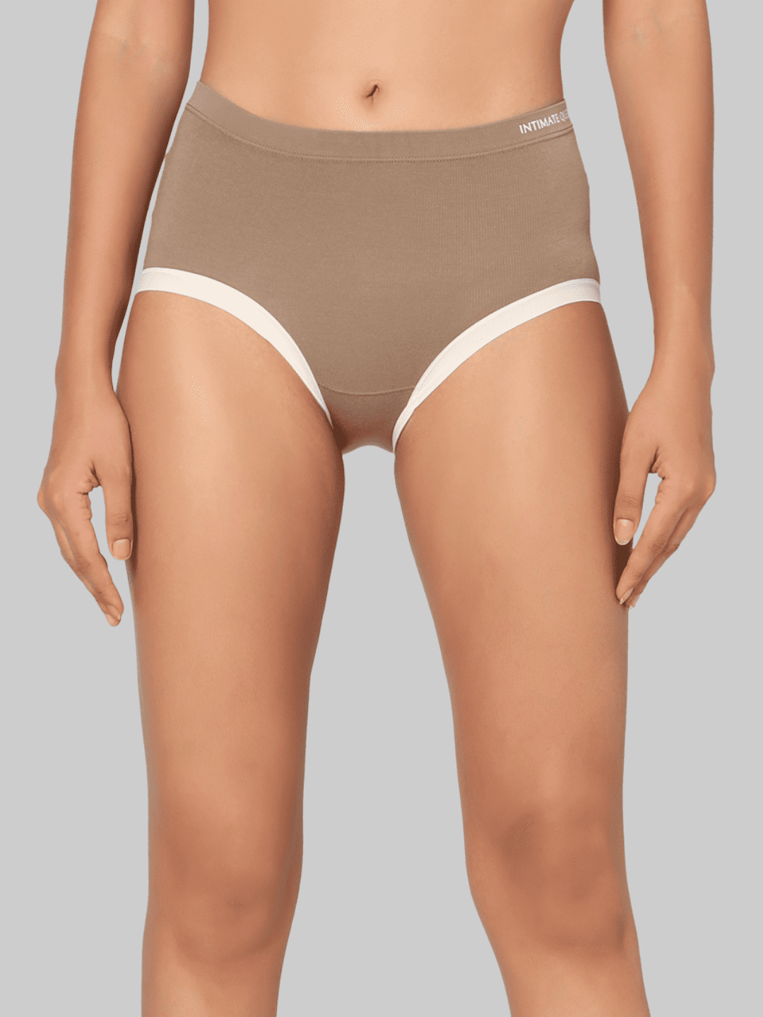 Brown underwear with white trim on a gray background
