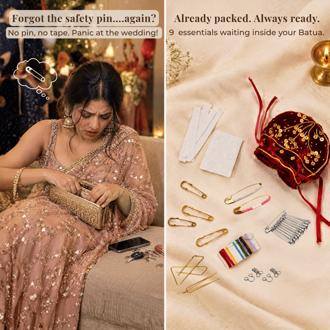 Woman in a festive saree holding the Saree Survival Kit with outfit emergency essentials