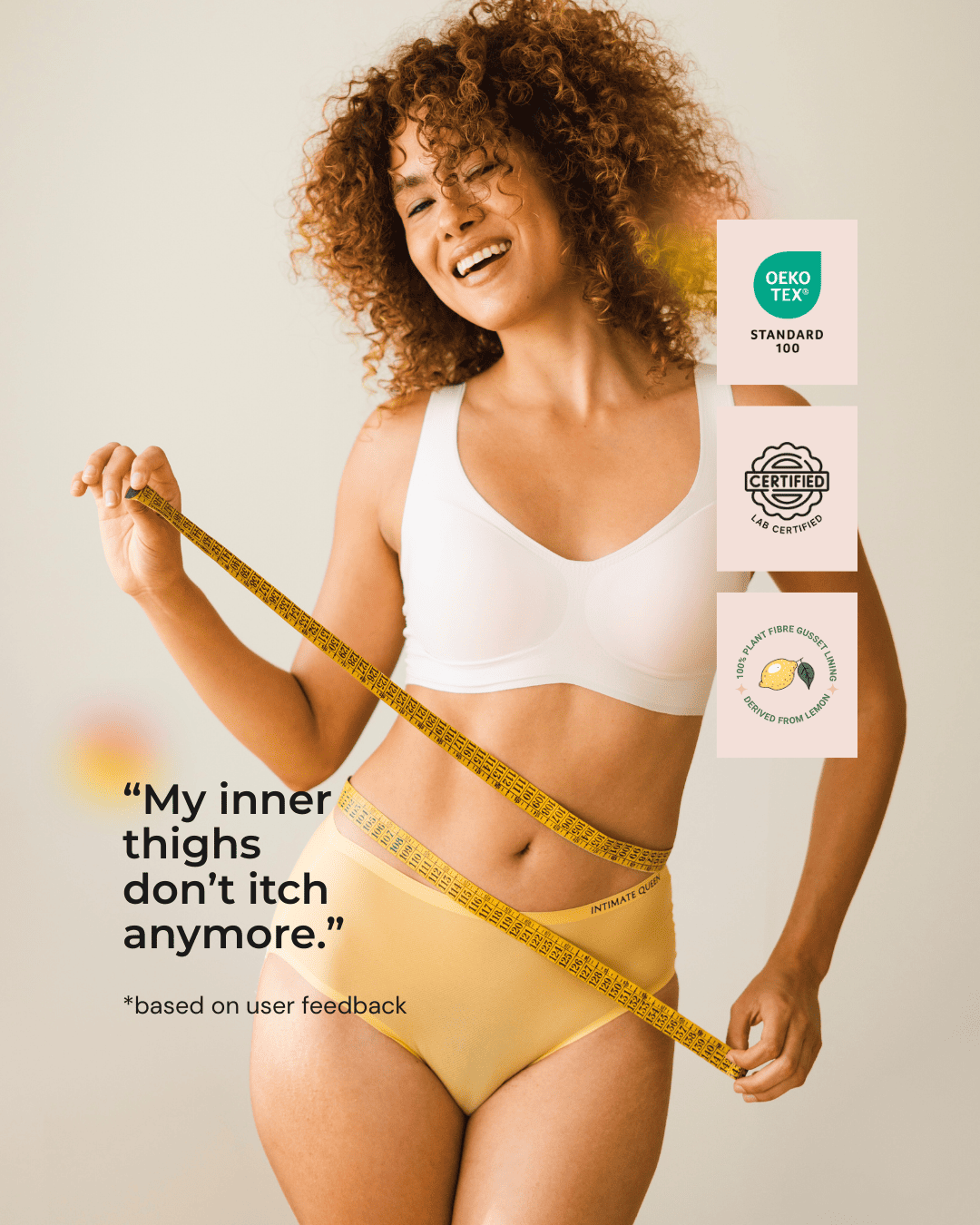 Woman in yellow seamless pH balancing underwear made with lemon waste holding a measuring tape with OKEO TEX Certification Logo displayed.