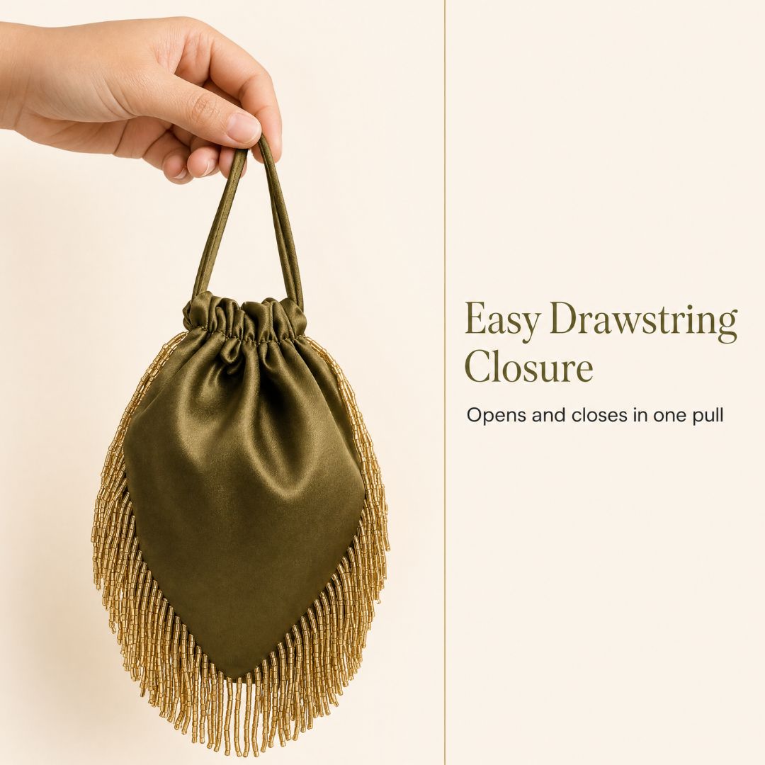 Olive green beaded fringe gift potli with easy drawstring closure