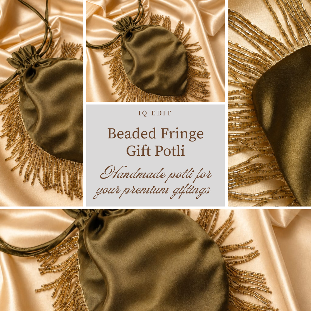 Olive green beaded fringe gift potli with gold detailing for festive gifting