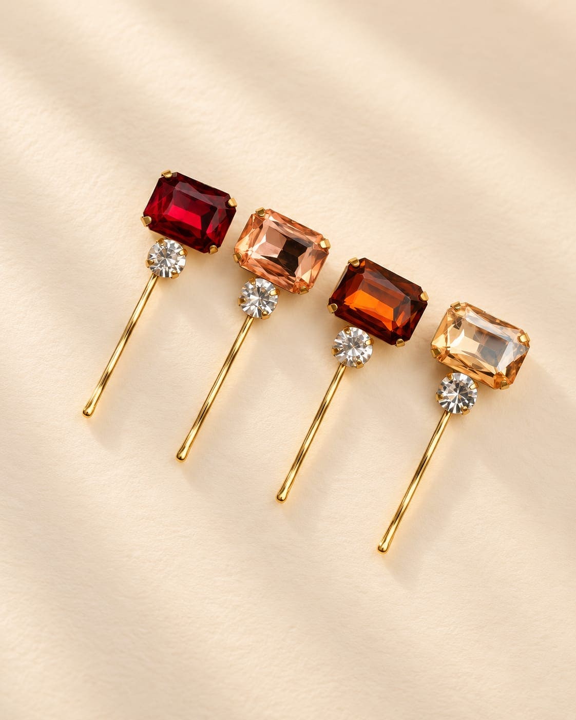 IQ Edit jewel tone festive palette decorative hair pins with red peach champagne and amber crystal claw settings
