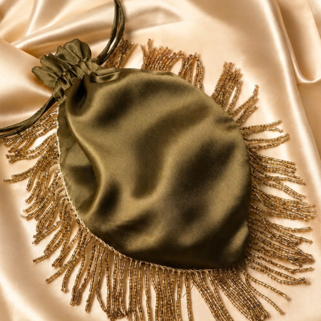 Olive green satin beaded fringe gift potli on champagne satin fabric